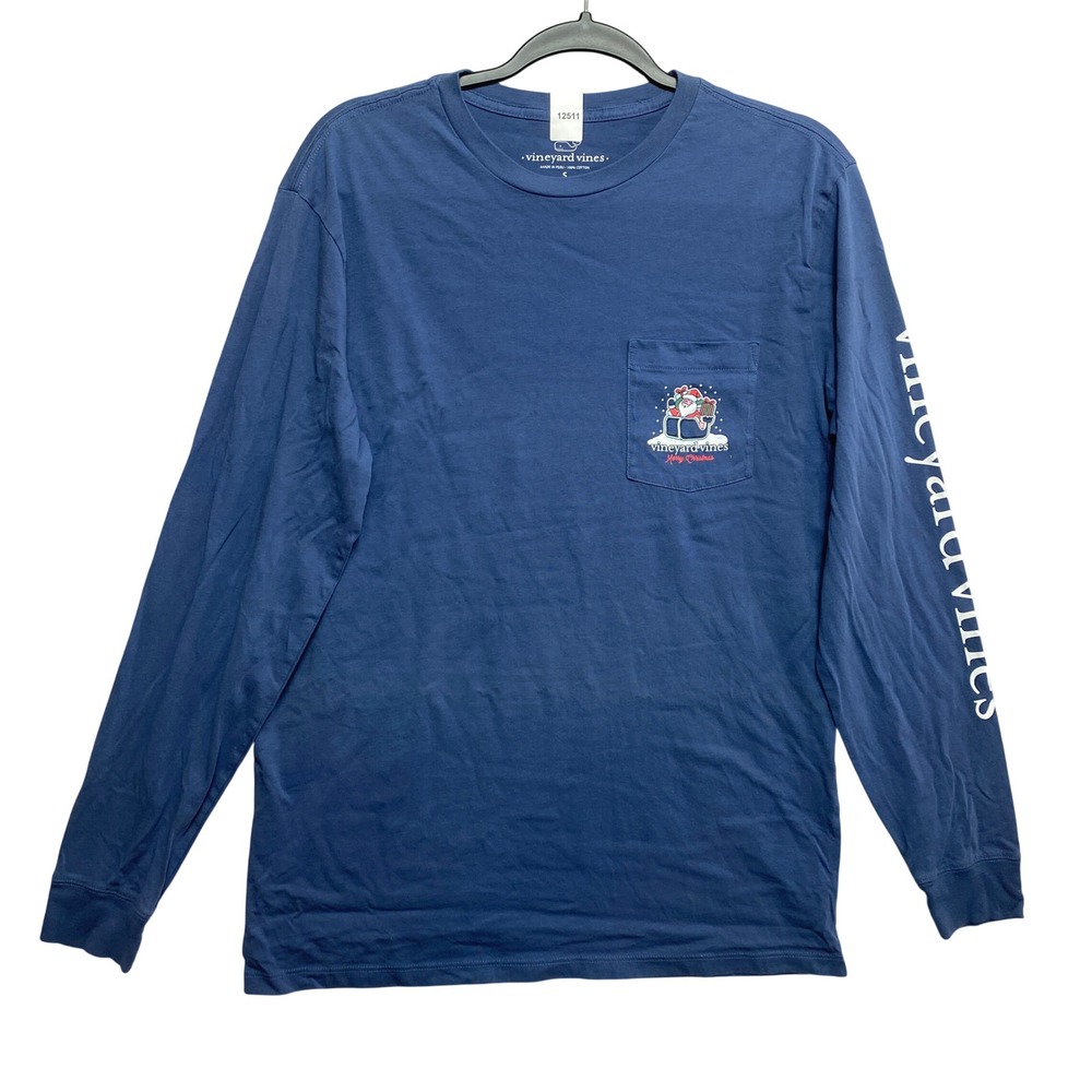 Vineyard Vines T-Shirt Mens S Blue Long Sleeve Merry Christmas Santa Pocket
